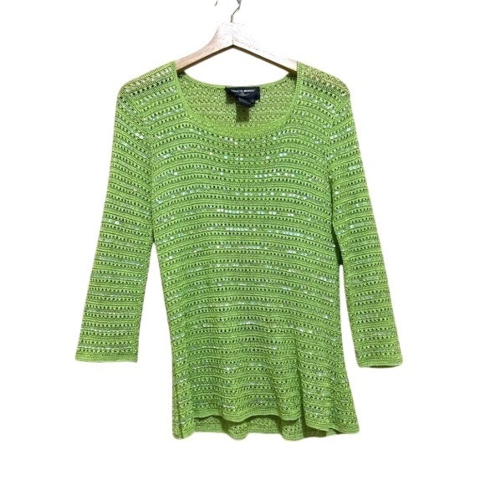 Colette Mordo S Open Knit Sequin Sweater Lime Green Y2K Mermaidcore Sparkly Top